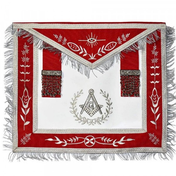 Masonic Blue Lodge Master Mason Silver Machine Embroidery Red Apron